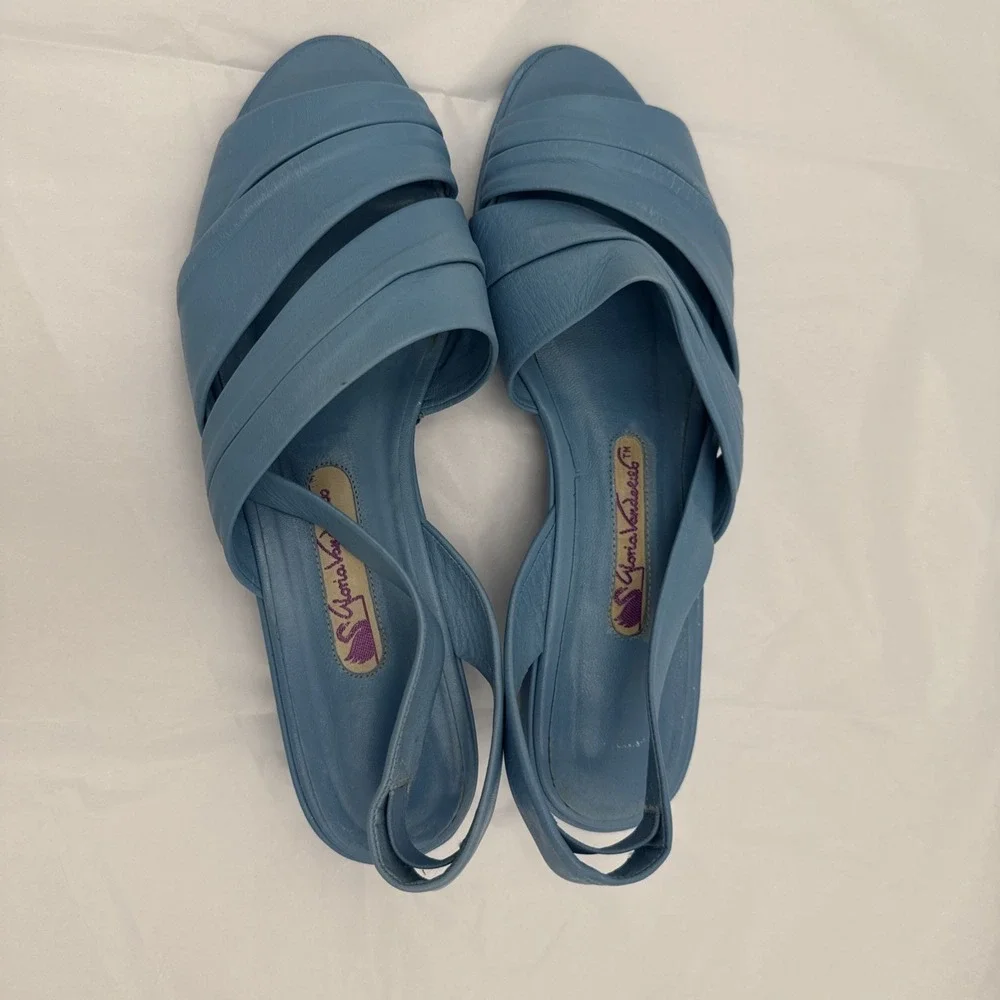 Vintage GLORIA‎ VANDERBILT Blue Leather FLATS open toe Shoes sandals Sz 7